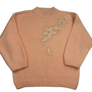 Maggie Lawrence‎ VINTAGE 80'S SWEATER PEACH W/SILVER BUGLE BEADS 22W/42 soft!